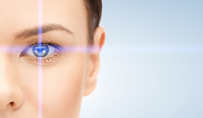 Image showing beautiful woman pointing to eye