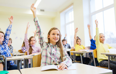 Image showing group of school kids raising hands in classroom