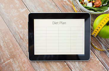 Image showing close up of diet plan on tablet pc and food