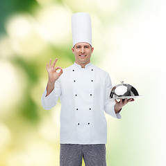 Image showing happy male chef cook with cloche showing ok sign