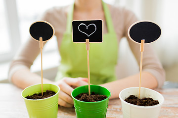 Image showing close up of woman over pots with soil and signs