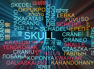Image showing Skull multilanguage wordcloud background concept glowing