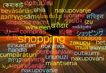 Image showing Shopping multilanguage wordcloud background concept glowing