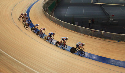 Image showing bicycle race at racetrack tilt  shot