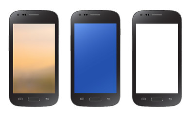 Image showing Black smartphone collection with blurry, blue and empty screen, 