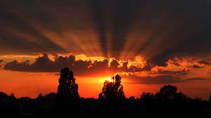 Image showing beautiful summer sunset with dark sky and sun