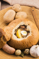 Image showing traditional white borscht (zurek) with sausage,egg and mushrooms