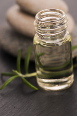 Image showing Essential oil with rosemary and fresh green leaves 