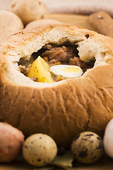 Image showing traditional white borscht (zurek) with sausage,egg and mushrooms