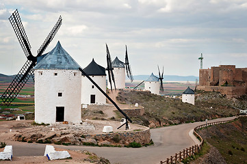 Image showing View of windmills in Consuegra, Spain