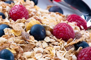 Image showing Muesli with Raspberries and Blueberries
