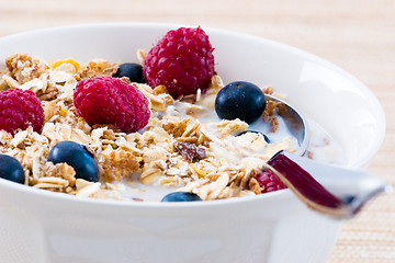 Image showing Muesli with Raspberries and Blueberries