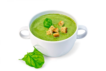 Image showing Soup puree with croutons and spinach leaves in bowl