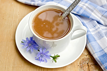 Image showing Chicory drink in white cup with spoon on board