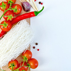 Image showing Frame of funchoza and tomatoes with paper on sacking