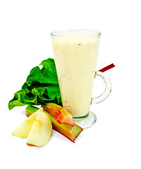 Image showing Milkshake with rhubarb and apples in tall glass