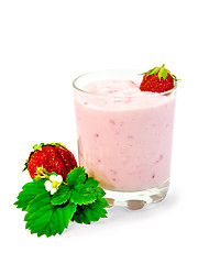 Image showing Milkshake with strawberry and leaf