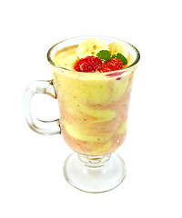 Image showing Dessert milk with strawberries and banana in glass