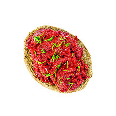 Image showing Sandwich with beet caviar and dill on top