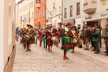 Image showing Traunstein/Germany / Bavaria - 06th of April: Historical fanfare train with the move in the Georgi's ride in Traunstein