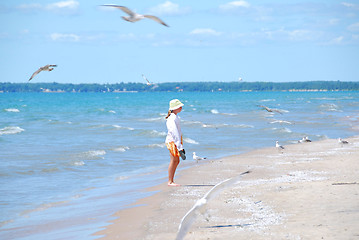 Image showing Girl beach seagulls