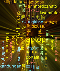 Image showing Laptop multilanguage wordcloud background concept glowing