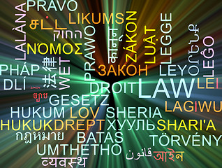 Image showing Law multilanguage wordcloud background concept glowing