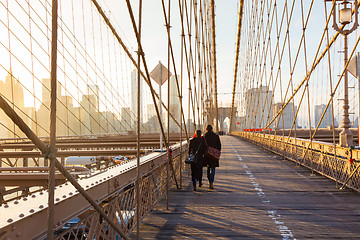 Image showing Brooklyn bridge at sunset, New York City.