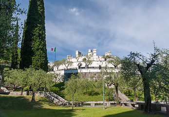 Image showing Gardone Riviera, lake Garda, Italy - May 05, 2014 : fortress in garden in Villa Vittoriale  Home of Gabriele d\'Annunzio