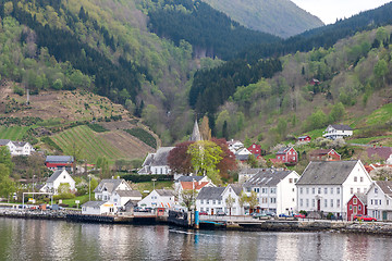 Image showing Landscape with mountains.  village in Norwegian fjords