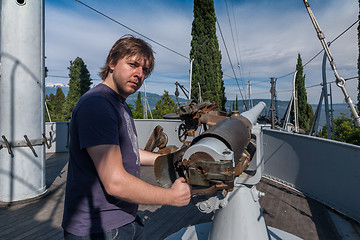 Image showing Gardone Riviera, lake Garda, Italy - May 05, 2014  ship and museum in garden  Villa Vittoriale Home of Gabriele d\'Annunzio