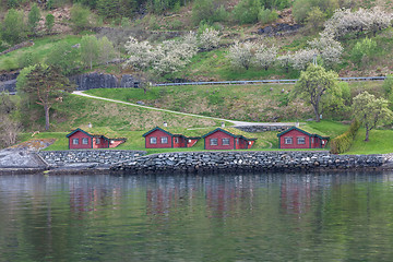 Image showing Landscape with mountains.  village in Norwegian fjords