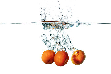 Image showing Fresh tangerine fruits falling in water splash