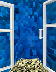 Image showing opened window to the blue abstraction and dollars