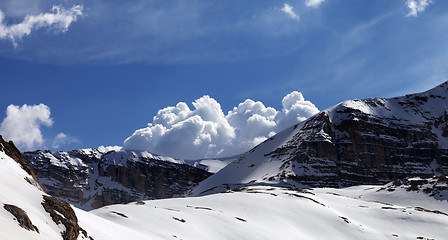 Image showing Panoramic view on snow rocks and cloudy blue sky