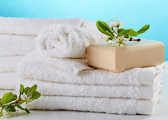 Image showing stack of white spa towels