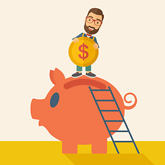 Image showing Big piggy bank with ladder