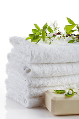 Image showing stack of white spa towels