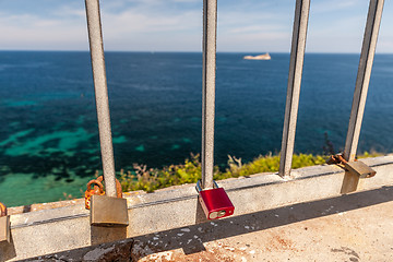 Image showing Metal padlock - memory locks on the bridge, symbol of love