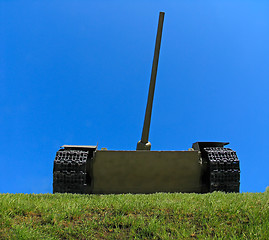 Image showing Old russian tank on the green grass