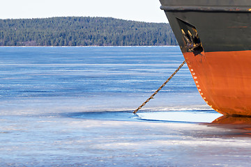 Image showing Ship docked on lake in early spring