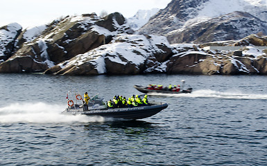 Image showing RIB boats racing in and out of Svolvaer harbour