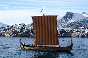 Image showing Copy of a Viking ship entering the port of Svolvaer