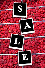 Image showing word sale on the red ripe raspberries isolated