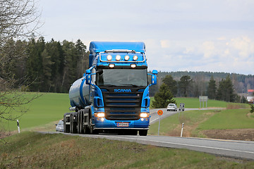 Image showing Blue Scania R500 Tank Truck on the Road at Spring