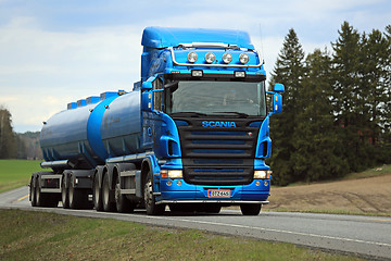 Image showing Blue Scania R500 Tank Truck on the Road at Spring