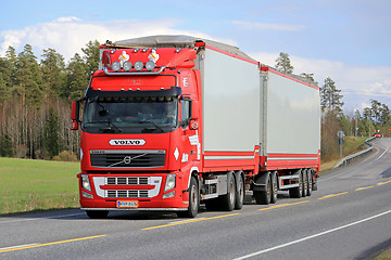 Image showing Red Volvo FH Full Trailer Truck on the Road