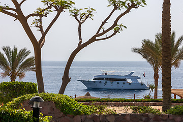 Image showing Motor yacht and beach at the luxury hotel