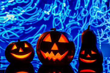 Image showing Halloween pumpkins on blue background