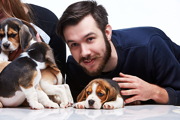 Image showing The man, woman and big group of a beagle puppies